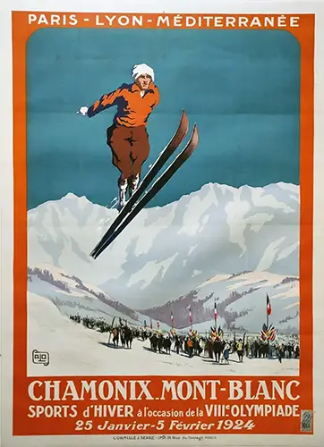Charles ALO (1862-1969). Affiche entoilée en couleur réalisée pour le PLM à l’occasion des premiers jeux olympiques d’hiver à Chamonix en 1924. Adjugée entre 5000€ et 8000€