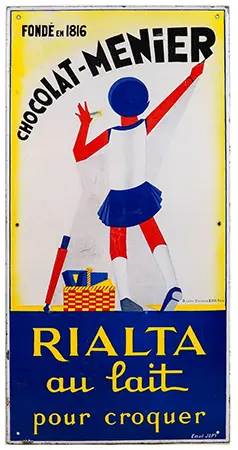 CHOCOLAT MENIER "Rialta au Lait pour Croquer" : Très rare plaque émaillée illustrée de la Petite Fille Édia (d'après O.Gus). Adjugée 44 000€ hors frais - 2020 - Salorges