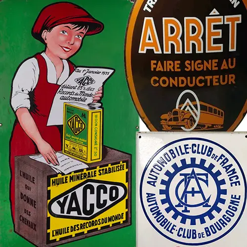 Automobilia. Plaques émaillées. On trouve des plaques émaillées à partir de 100€ jusqu'à 35 000€ pour les plus belles et rares plaques. La moyenne se situant autour des 1000€