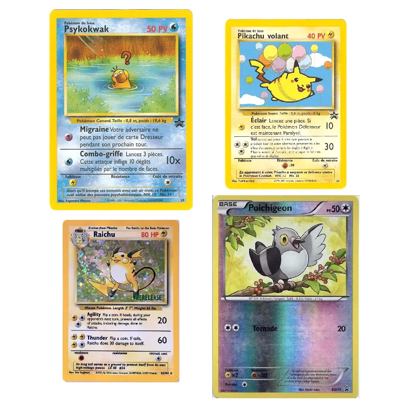 Les cartes Pokémon les plus recherchées. certaines cartes promotionnelles Wizard autour des années 2000 dont l’existence est pour certaines un mythe : Le psykokwak Black Star Promo, ou le Pikachu Volant Black Star Promo