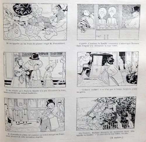 La même année, Christophe propose dans Le Petit Français Illustré de vraies planches de bandes dessinées. Il s’agit cette fois des aventures de la Famille Fenouillard qui veut se rendre à l’Exposition Universelle de 1889