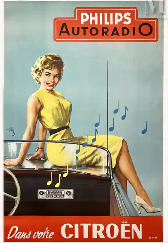 Rinaldo GELENG (Rome 1920-2003) « Philips Autoradio Citroën » Affiche offset pour les autoradios Philips avec bandeau Citroën. Signée R. Geleng. Imprimerie Elvinger, vers 1960
