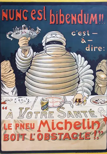 Marius Rossillon O’GALOP (1869-1946) "NUNC est Bibendum !! / c’est-à-dire / "A VOTRE SANTÉ !" / LE PNEU MICHELIN "BOIT L'OBSTACLE !" Signée. c. 1898.