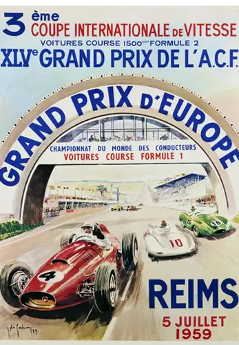 Jean DES GACHONS (XXème), "Grand Prix d'Europe", Reims, 1959. 60 x 40 cm. Affiche adjugée entre 300€ et 1000€ .