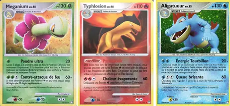 Meganium Typhlosion Aligatueur sont des cartes Pokémon de l'extension Diamant & Perle Trésors Mystérieux