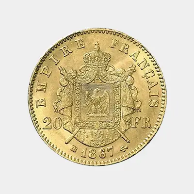La pièce de 20 Francs Napoléon. Frappée pour la première fois en 1802. Avec un poids de 6,451561 grammes et une pureté d’or de 900 ‰, cette pièce possède un diamètre de 21 mm