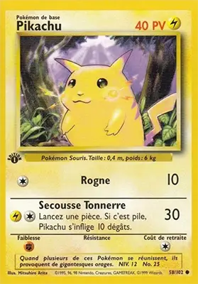 Carte Pikachu du Set de Base - Première édition Française - 18 Novembre 1999