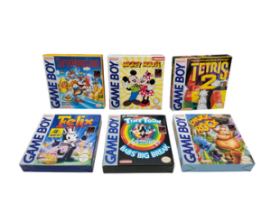 Nintendo - Game Boy - Lot de 6 jeux de différentes licences dont : Tiny Toon Bab's Big Break, Mickey Mouse, Super Mario Land. Avec notices, cales en plastique, boîtes.