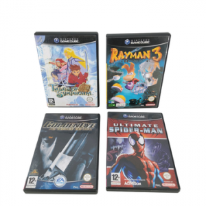 Nintendo - GameCube - Lot de 4 jeux : Tales of Symphonia, Rayman 3 Hoodlum Havoc, Ultimate Spider Man, Golden Eye Au service du mal. Avec notices, boîtes. Version des jeux PAL.