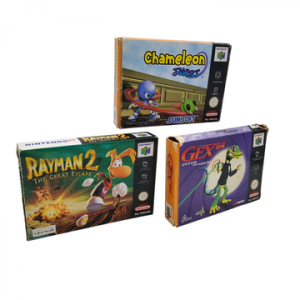 Nintendo - N64 - Lot de 3 jeux : Chameleon Twist, Rayman 2 The great Escape, Gex 64 enter the Gecko. Avec boites, 2 cales en carton, notices.