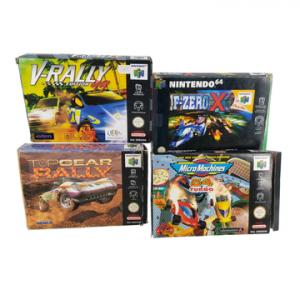 Nintendo - N64 - Lot de 4 jeux de courses automobiles : F-Zero X, Micro machine 64 Turbo, V-Rally Edition 99, Top Gear Rally. Avec boîtes, 3 cales en carton, notices.
