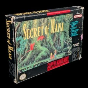 Nintendo - Super NES - Jeu : Secret Of Mana. Avec boîte, cartouche, notice, sachets de protection pour la cartouche & la notice, cale en carton. Version du jeu NTSC (USA/CAN).