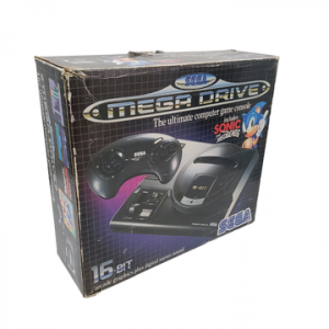 Sega - Mega Drive - Console de salon (120460556) - Test d’allumage effectué avec succès. Avec cartouche & boîte de jeu Sonic, manette, notices, cordon d’alimentation, câble TV, cale en carton.