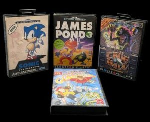 Sega - Mega Drive - Lot de 4 jeux : Sonic, James Pond 3, Global Gladiators, Crüe Ball Pinball. Avec boîtes, cartouches, notices. Version des jeux PAL.