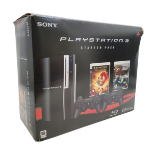Sony - PlayStation 3 - Starter Pack - Console de salon (Modèle CECHC04) rétro compatible jeux PS2 - Test d’allumage effectué avec succès. Avec 1 manette fonctionnelle, notices, jeu Heavenly Sword, cordon d’alimentation, câble Ethernet, cales pour la console, boîte.