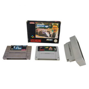 SUPER NES - NINTENDO - Lot de 3 jeux : Newmanhaas indy car featuring Nigel Mansell (boite + cale intérieure + notice + jeu) + Tecmo Super NBA Basketball + James Bond Jr + adaptateur