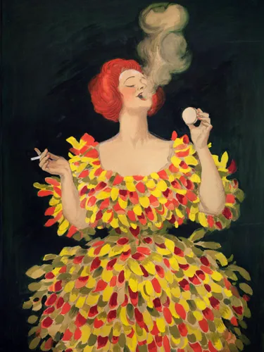 Cappiello conçoit une première affiche pour les cachous Lajaunie dès 1900, en représentant une femme chapeautée et corsetée ayant une cigarette dans une main, et une boîte de cachou dans l’autre