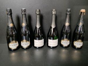 Lot de 6 bouteilles de champagne : 4 Alain Bedel Tradition Brut et 2 Pierre Trichet Premier Cru Blanc de blancs Brut
