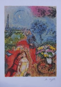Marc CHAGALL (1887-1985) Les mariés de la tour Eiffel, 1989 Lithographie offset d'après une œuvre de Marc Chagall Imprimée ton par ton Signée dans la planche Numérotée sur 500 exemplaires (le numéro est donné à titre d'exemple) Sur papier d'art, 68 x 49 cm environ Edition 1989 par Max Inter Ltd Excellent état Expédition obligatoire, jusqu'à 5 Lithographies dans votre colis pour 14,76€ TTC en France Métropolitaine, et 29,64€ TTC pour l'Europe