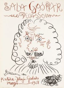 Pablo PICASSO (1881-1973) Le gentilhomme, 1968 Affiche originale d'époque Signée dans la planche Sur papier affiche 51 x 70 cm Très bon état, petits défauts en bord de feuillet INFORMATION : Lithographie créée par Picasso pour l'exposition "Pinturo, Dibujo, Grabado" à la galerie Sala Gaspar à Barcelone en mars 1968. REFERENCES : - Catalogue raisonné Cwiklitzer #274 - Catalogue raisonné Rodrigo #172 Expédition obligatoire, jusqu'à 5 Lithographies dans votre colis pour 14,76€ TTC en France Métropolitaine, et 29,64€ TTC pour l'Europe