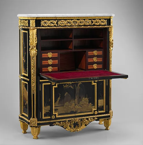 Placage d'ébène et laque japonaise du XVIIe siècle sur bâti de chêne ; placage intérieur de tulipier, d'amarante, de houx et de houx ébéné ; ferrures en bronze doré ; marbre ; velours (non d'origine)