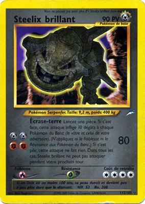 Steelix brillant est une carte Pokémon Brillant de l'extension Neo Destiny, à l'effigie du Pokémon Steelix.