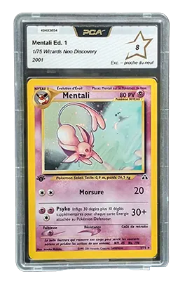 Carte Pokémon gradée Mentali 1/75 - Holographique - PCA 8. Série du bloc Wizards : Neo Discovery, édition 1. Carte en état Excellent - Proche du Neuf (PCA 8), en français.