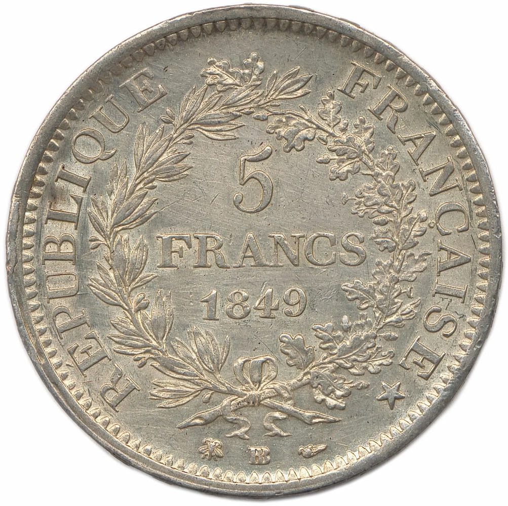 Revers d'une pièce de 5 francs Hercule de 1849 à Strasbourg