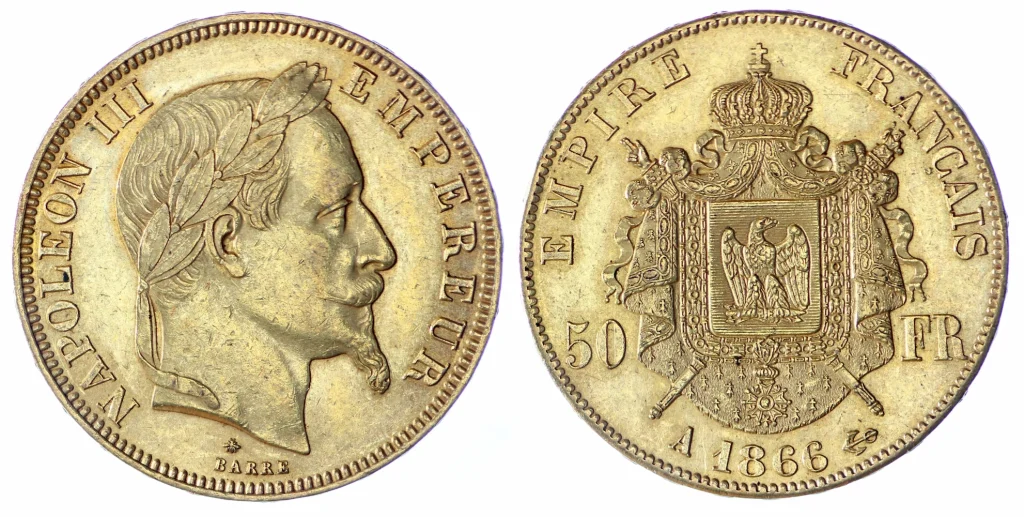 Photo d'une pieèce de 50 francs or Napoléon 3 recto et verso de 1866