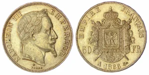 Photo d'une pieèce de 50 francs or Napoléon 3 recto et verso de 1866