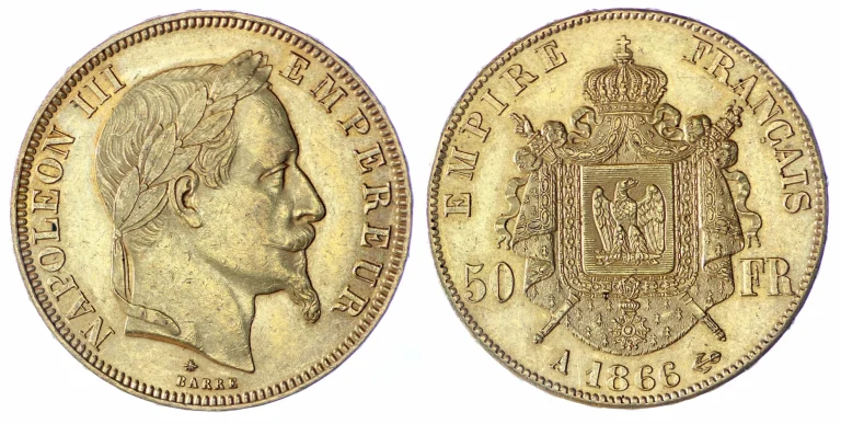 Photo d'une pieèce de 50 francs or Napoléon 3 recto et verso de 1866